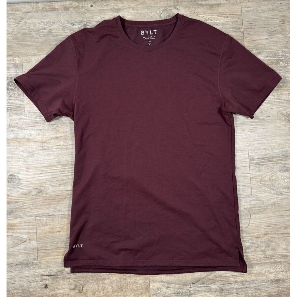Bylt Shirt Men's Large Maroon‎ Red Basic Crew Split Hem Short Sleeve Performance